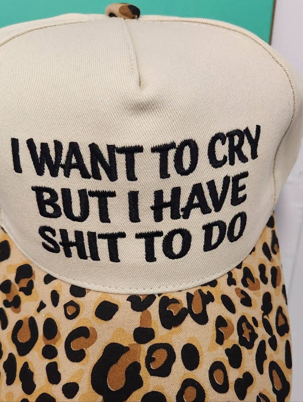 Leopard Print Cap with Cream Top and Black Embroidery